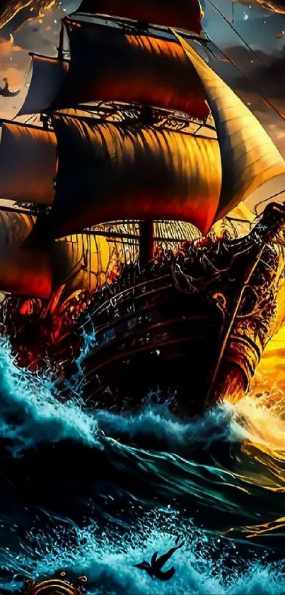 Majestic pirate ship on stormy sea at sunset wallpaper.