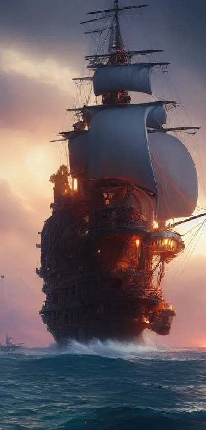 Majestic pirate ship at sea with stunning sunset background.