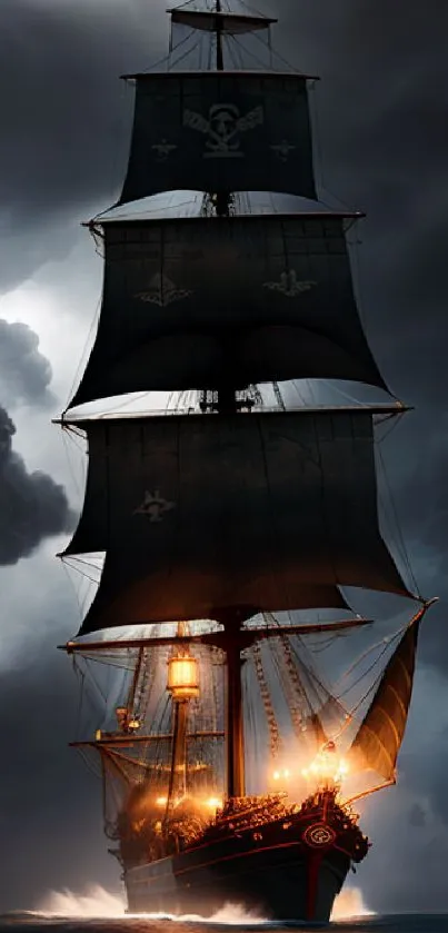 A pirate ship sails through a stormy sea with lightning in the background.