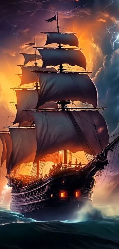 Pirate ship sailing through a storm at sea.