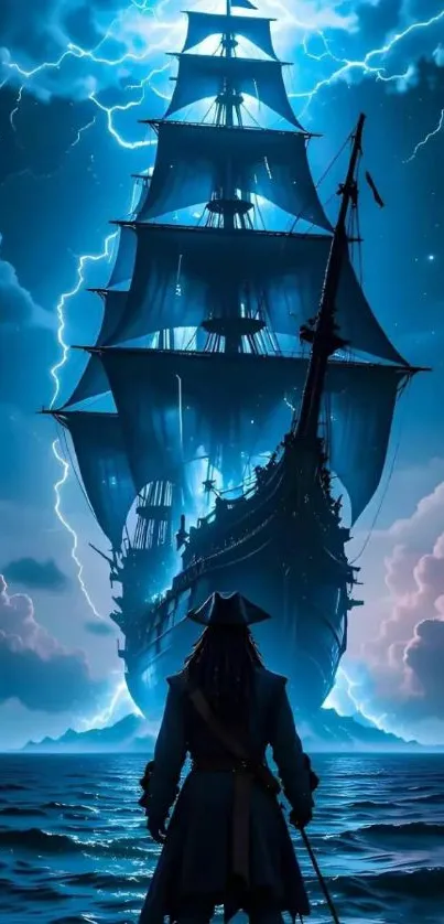 Pirate stands before a majestic ship in a lightning storm over the sea.