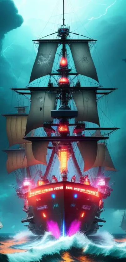 A majestic pirate ship sails through stormy seas with vibrant, glowing elements.