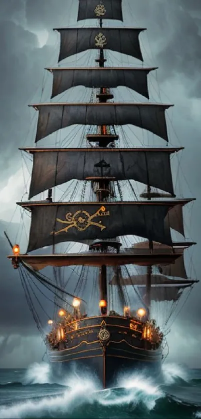 Majestic pirate ship sailing on stormy seas with dark clouds overhead.