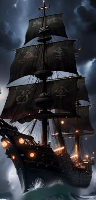 Majestic pirate ship with dark sails against a stormy sky.