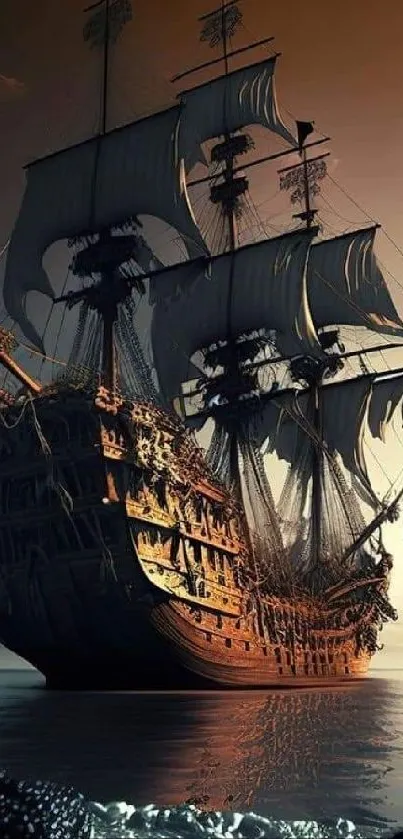 Majestic pirate ship sailing at sunset with dark ocean reflection.