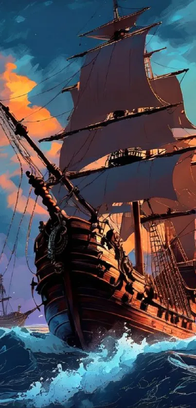 A majestic pirate ship sails through waves under a colorful sunset sky.