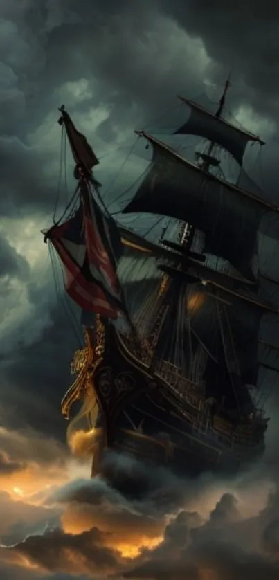 Majestic pirate ship sailing through dramatic stormy seas.