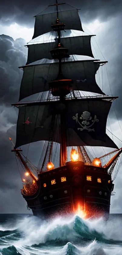 Majestic pirate ship braving a stormy sea, engulfed in dark clouds.