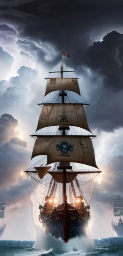 Majestic pirate ship sailing through stormy seas and dramatic skies.