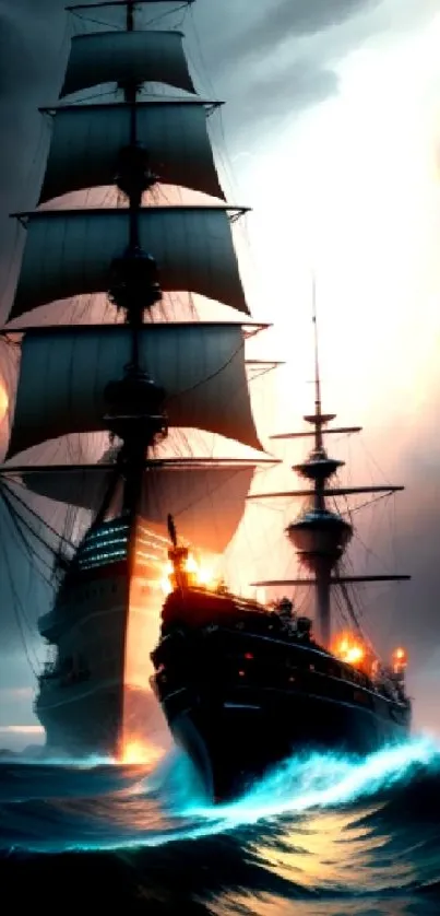 Majestic pirate ship under dramatic sky with ocean waves.