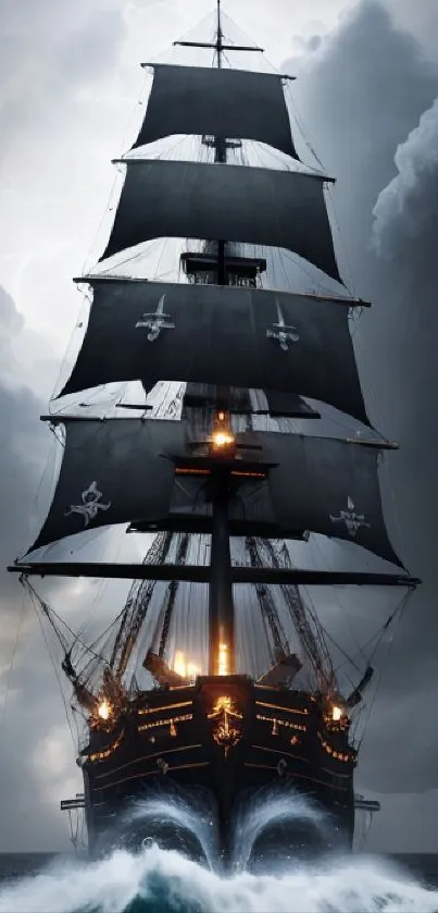 Dramatic black pirate ship with dark sails amidst stormy skies on the ocean.