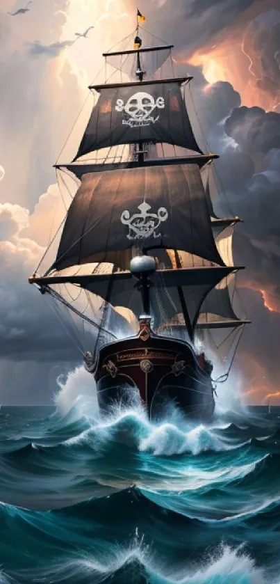 Majestic pirate ship sailing through stormy waves under dark clouds.