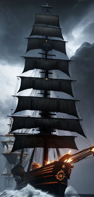 Majestic pirate ship sailing through dark, stormy seas.