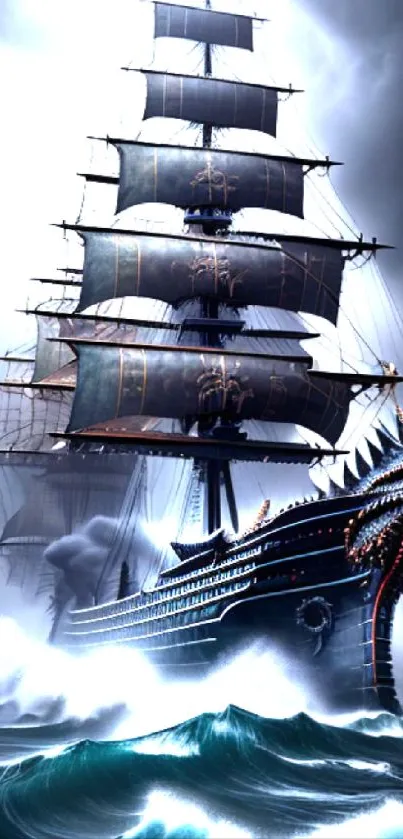 Majestic pirate ship on stormy seas with dark sails and crashing waves.