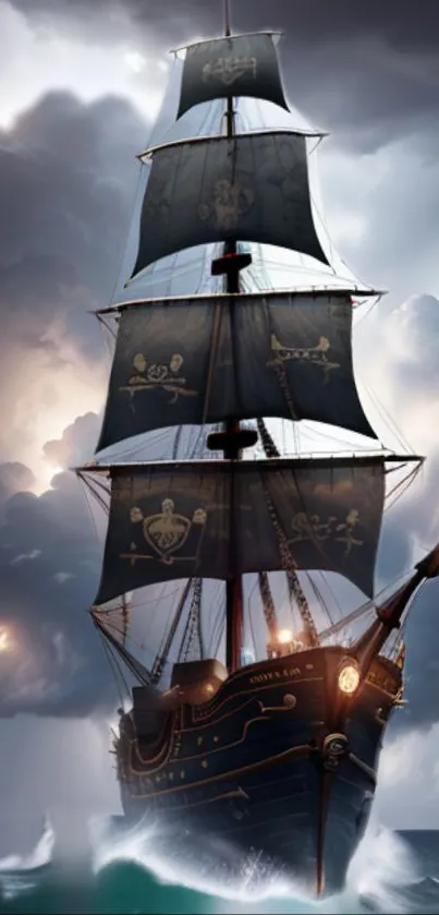 Majestic pirate ship sailing through stormy seas with dramatic cloud scenery.