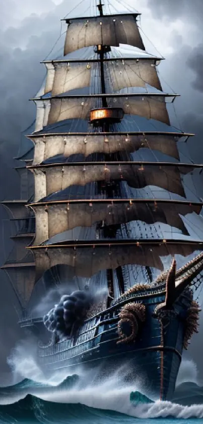 A majestic pirate ship sails through stormy seas under dark clouds.