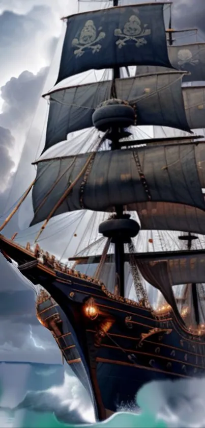 Majestic pirate ship in stormy seas with dark clouds and ocean waves.