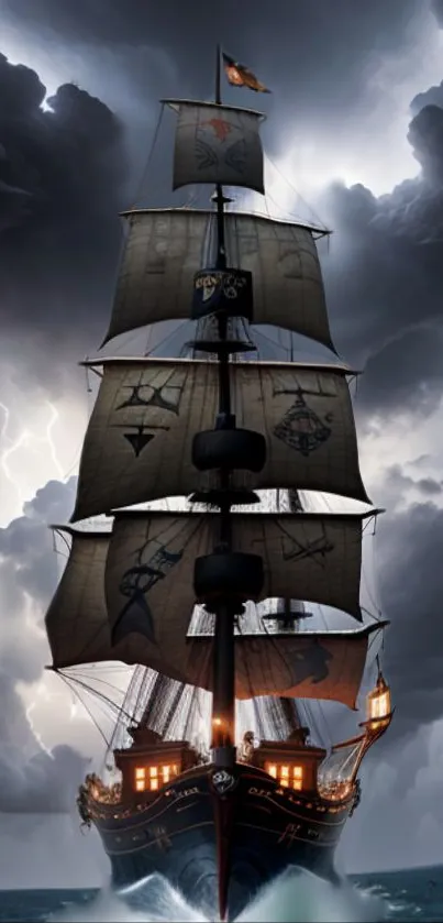 Majestic pirate ship under stormy skies, sailing boldly on the high seas.