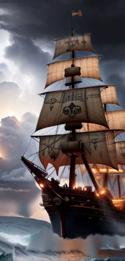 Majestic pirate ship sailing through stormy ocean waves.