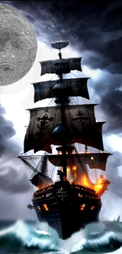 Pirate ship sails under a luminous full moon with dramatic fiery lights.