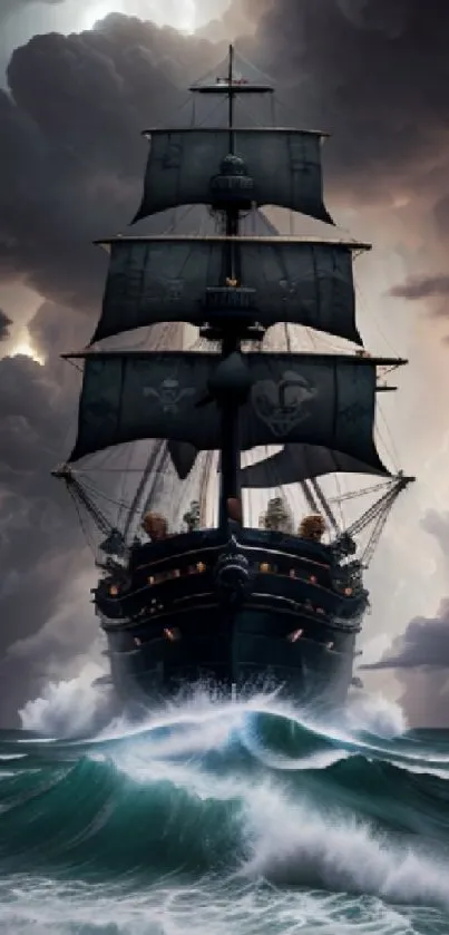 Majestic pirate ship sailing turbulent seas under stormy skies.