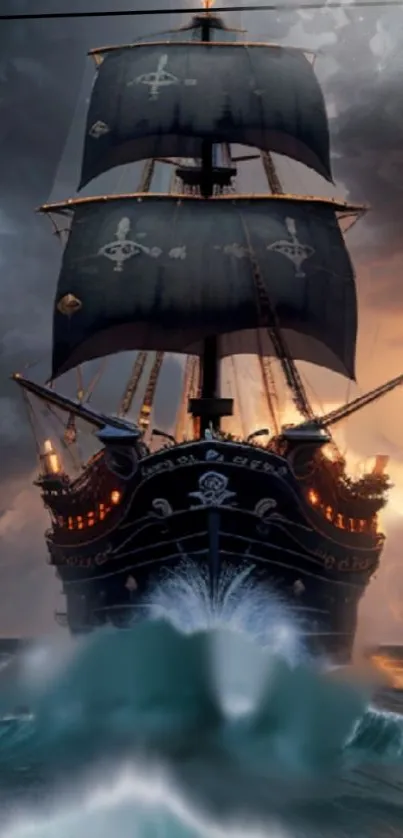 Majestic pirate ship on stormy sea with dark clouds and splashing waves.