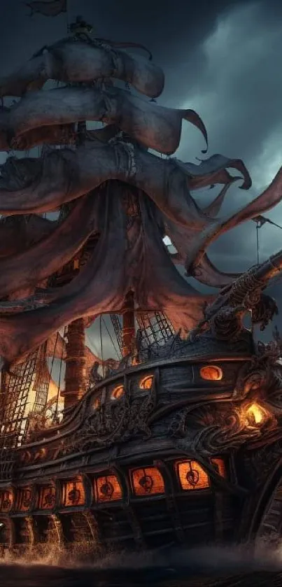 Majestic pirate ship sailing at night on a stormy ocean.