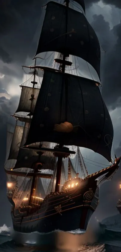 Majestic pirate ship sailing through stormy seas at night.