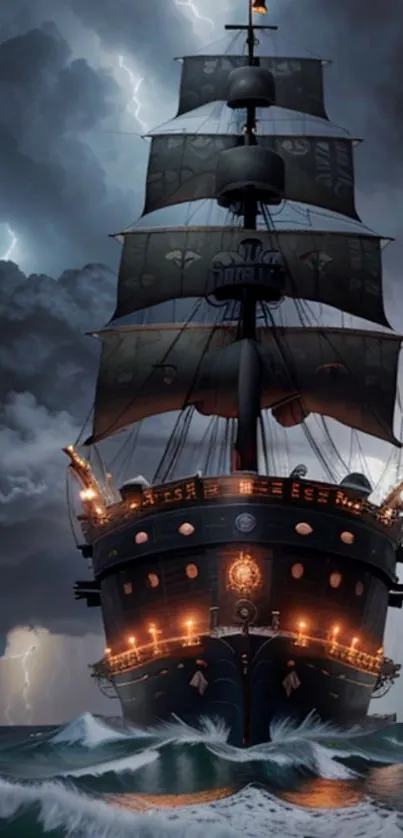 Majestic pirate ship on stormy seas wallpaper with dark clouds.