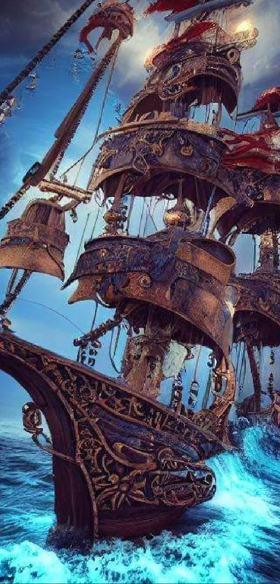 A majestic pirate ship with ornate details sails on a vibrant sea under a dark sky.