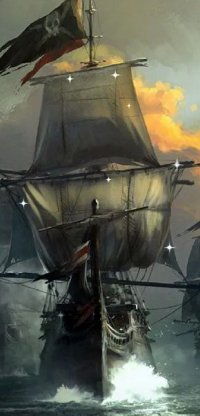 A pirate ship sails through misty seas with a skull flag flying high.