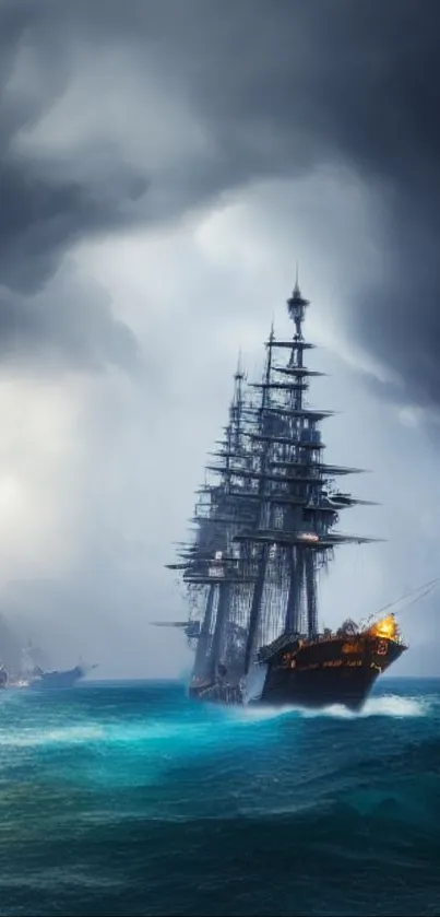 Dramatic dark blue stormy sea with a pirate ship.