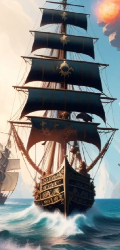 Majestic pirate ship sailing through the vibrant ocean scene.