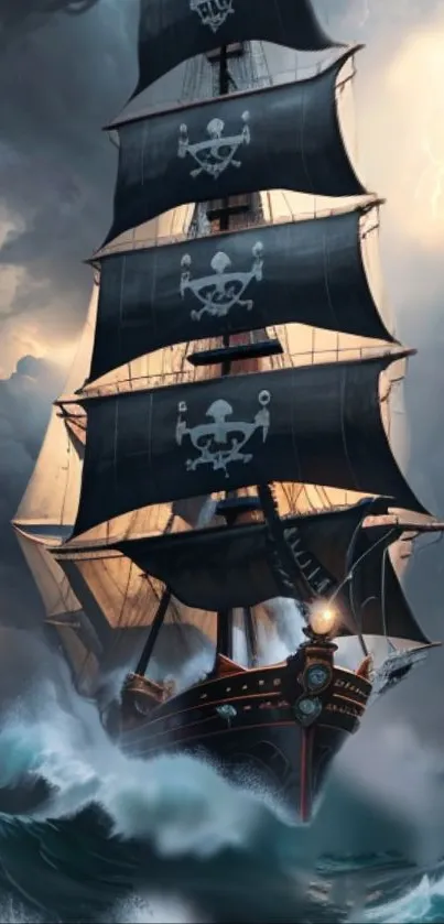 Pirate ship braving stormy seas with atmospheric clouds.