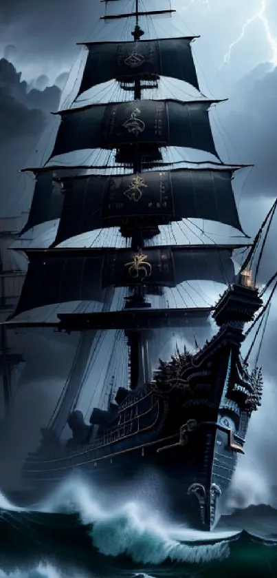 Majestic pirate ship sailing through a stormy ocean.