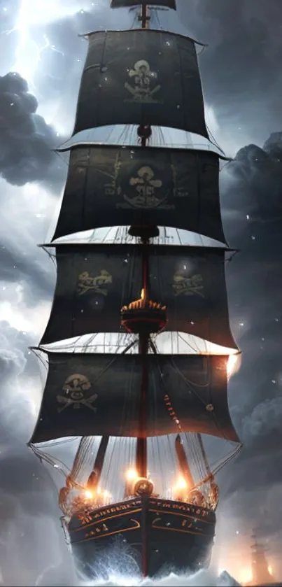 Majestic pirate ship sailing through a stormy sky.