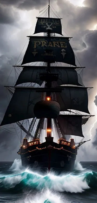 Pirate ship navigating stormy seas under dark, dramatic clouds.