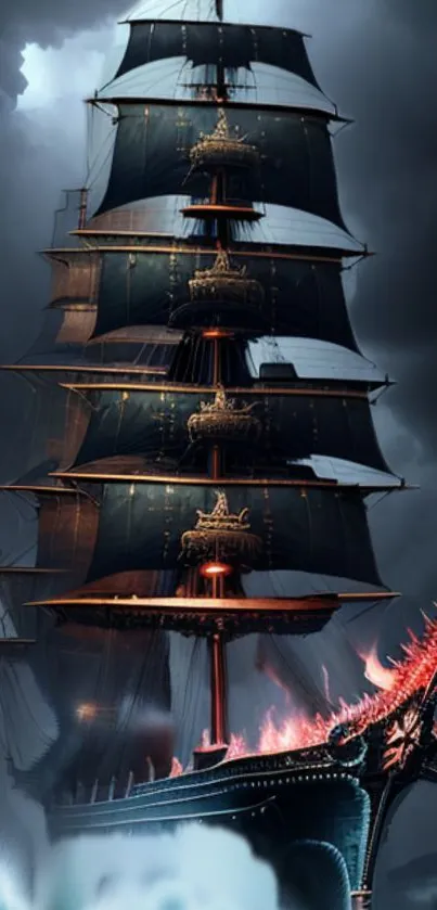 Majestic pirate ship sails on stormy seas under a dark sky.