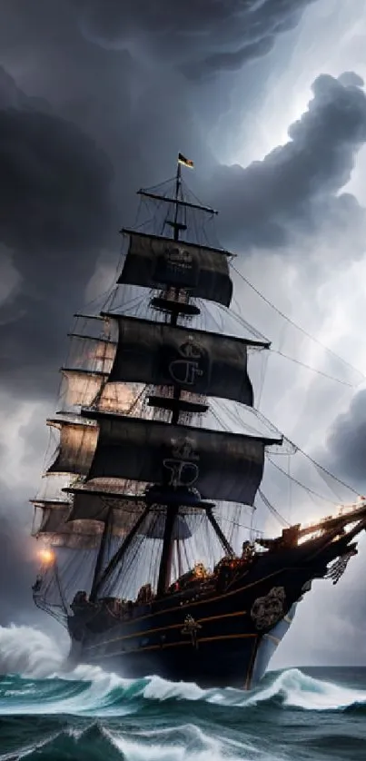 Majestic pirate ship in a stormy sea with dramatic clouds and lightning.