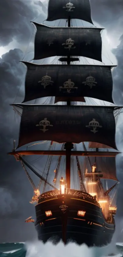 Majestic pirate ship sailing through stormy seas with dark sails and glowing lights.