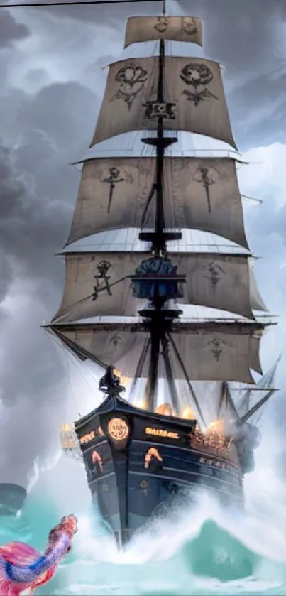 Majestic pirate ship sails through a stormy ocean under dramatic skies.