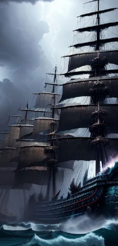 Majestic pirate ship sails through stormy seas with lightning in the background.