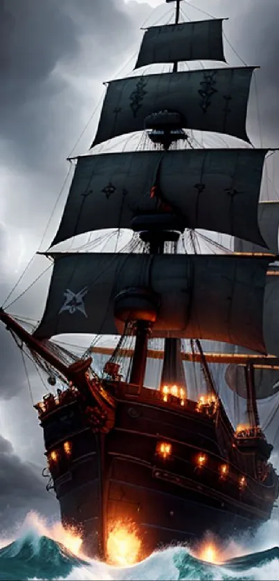 Majestic pirate ship on stormy sea, dramatic waves, and dark skies.