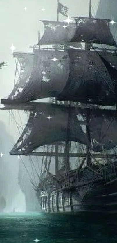 A majestic pirate ship sails through misty ocean cliffs.