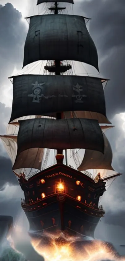 Majestic pirate ship sailing through stormy seas with dramatic skies.