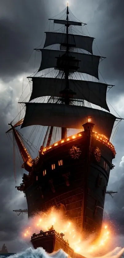 Dramatic pirate ship in a stormy sea with glowing lanterns.