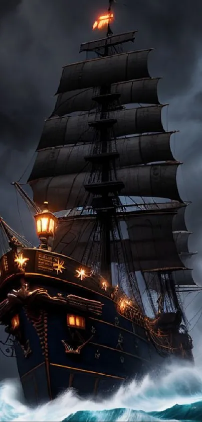 Majestic pirate ship in stormy ocean with dark, dramatic skies.