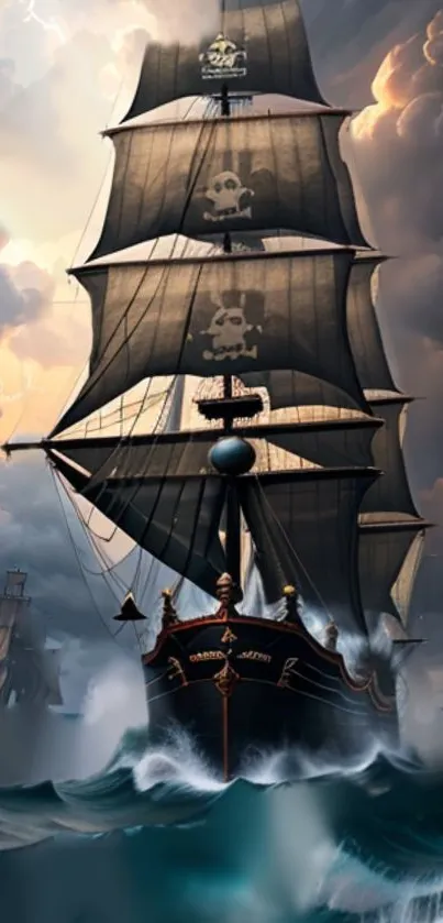 Majestic pirate ship battling stormy seas with dark clouds above.