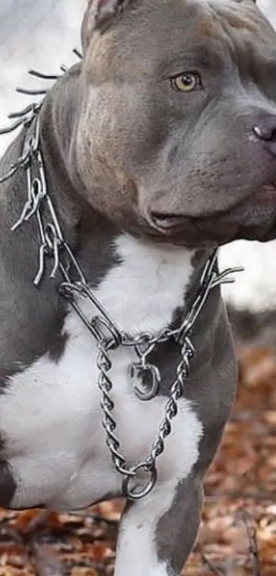 Majestic pitbull standing on leaves with a rugged chain collar.