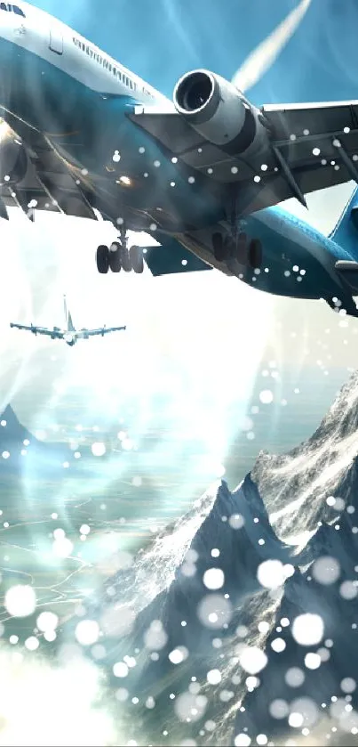 Airplane flying over majestic snowy mountains and valleys.